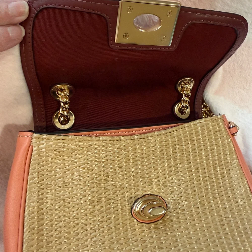 Coach Coral Pink Straw Crossbody‎ Bag with Gold Chain